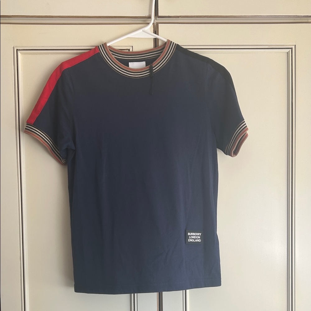 Used once Burberry Navy Tee with Red Shoulder Stripe and Striped Trim